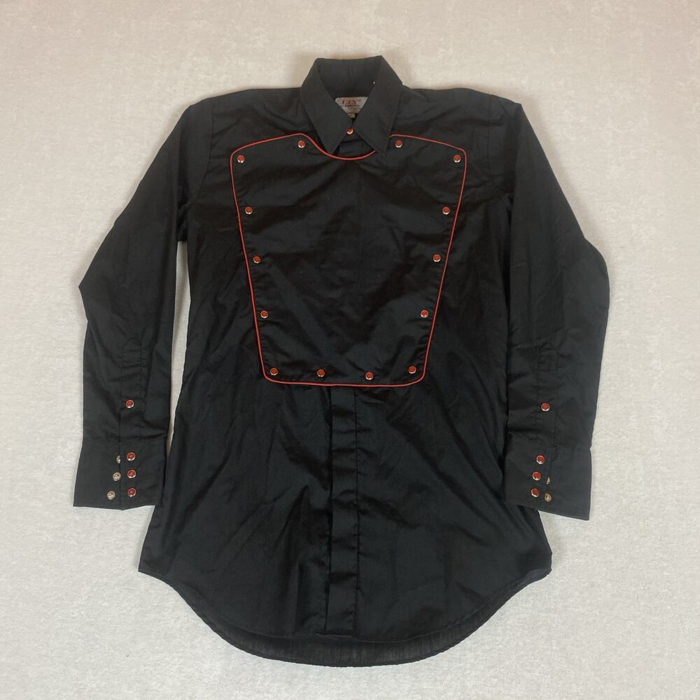 ELY Diamond Western Snap Shirt Black Red Piping Studded Bib Front Rodeo Small